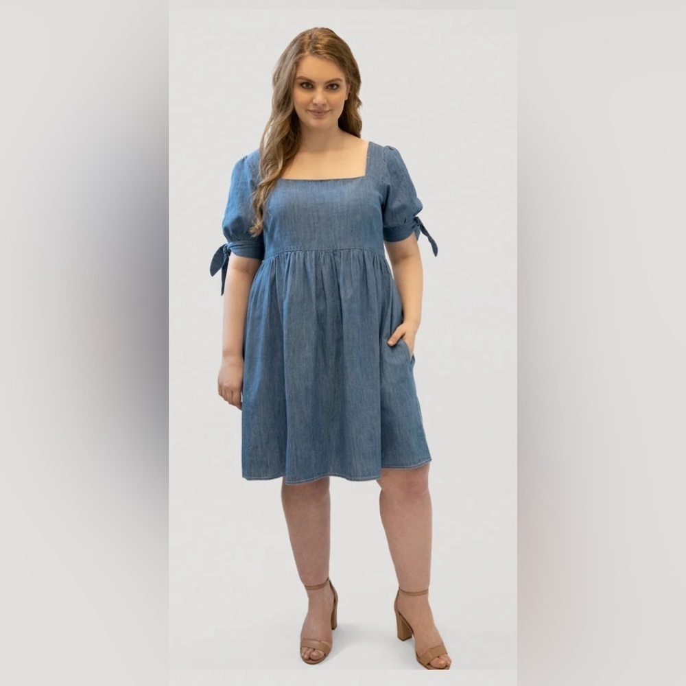 🆕Marée Pour Toi denim babydoll dress/short tie up sleeve/back zip/fit/flare👗 - Picture 4 of 6
